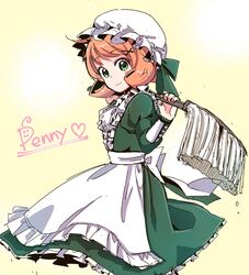  absurdres apron bad_id bad_twitter_id commentary_request dress english_text female green_dress green_eyes hat highres maid maid_apron mob_cap mop moromoimaru orange_hair penny_polendina rwby smile solo 