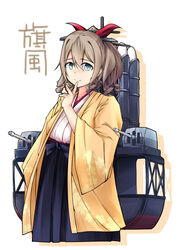  bad_id bad_pixiv_id blue_eyes bow brown_hair character_name commentary_request cowboy_shot drill_hair drill_sidelocks drop_shadow female finger_to_mouth hair_ornament hakama hakama_skirt hand_up haori hatakaze_(kancolle) highres japanese_clothes kantai_collection kimono light_smile looking_at_viewer meiji_schoolgirl_uniform otaku_heishi red_bow rigging sidelocks simple_background skirt solo torpedo_tubes turret white_background white_kimono 