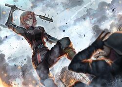  1boy bad_end barbed_wire battle battlefield battlefield_(series) battlefield_1 blood commentary crazy_eyes crossover empty_eyes english_commentary female fire helmet mace military military_uniform nora_valkyrie ptsd rialynkv rwby scared senjou_no_valkyria_(series) senjou_no_valkyria_3 signature smoke soldier thousand_yard_stare trench_mace uniform war weapon world_war_i 