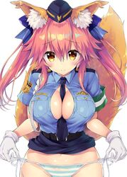  aiguillette alternate_costume animal_ear_fluff animal_ears armband belt between_breasts blue_necktie blue_panties blue_ribbon blue_shirt blue_skirt blush breasts bursting_breasts button_gap cleavage closed_mouth clothes_lift commentary_request fate/extella fate/extella_link fate/extra fate_(series) female female_service_cap fox_ears fox_tail gloves hair_between_eyes hair_ribbon hat hip_focus large_breasts long_hair looking_at_viewer miniskirt necktie official_alternate_costume panties pink_hair police police_uniform policewoman ribbon sasorigatame shirt shirt_lift side-tie_panties sidelocks simple_background skirt smile solo striped_clothes striped_panties tail tamamo_(fate) tamamo_no_mae_(fate/extra) tamamo_no_mae_(police_fox)_(fate) underwear uniform white_background white_gloves yellow_eyes 