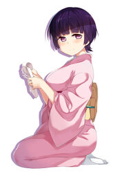  bandaged_fingers bandages blush commentary drop_shadow eromanga_sensei female from_side highres holding japanese_clothes kimono long_sleeves looking_at_viewer notebook obi photoshop_(medium) pink_kimono purple_eyes purple_hair sash seiza senju_muramasa short_hair simple_background sitting smile solo subaru_(794829485) symbol-only_commentary tabi white_background 