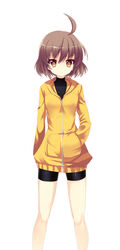  ahoge april_fools bad_id bad_pixiv_id banned_artist bike_shorts brown_eyes brown_hair hand_in_pocket highres hood hoodie linne short_hair solo standing under_night_in-birth white_background yusano 