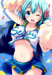  ;d aqua_eyes aqua_hair arm_up blush bow breasts cheerleader clothes_lift collarbone confetti cowboy_shot crop_top crop_top_overhang divine_gate female hair_between_eyes hairbow highres jacket looking_at_viewer medium_breasts midriff miniskirt nanaume_(shichimi_tougarashi) navel one_eye_closed open_mouth panties pantyshot pleated_skirt pom_pom_(cheerleading) shirt_lift short_hair skirt skirt_lift sleeveless smile solo standing sweat teeth underboob underwear vivian_(divine_gate) white_panties 