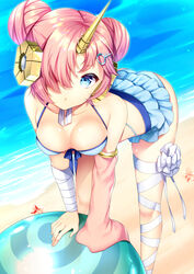  agekichi_(heart_shape) arched_back ass bad_id bad_pixiv_id ball bandaged_arm bandages beach beachball bikini blue_bikini blue_eyes breasts chestnut_mouth cleavage collarbone commentary_request cowboy_shot detached_sleeves double_bun fate/grand_order fate_(series) female frankenstein&#039;s_monster_(fate) frankenstein&#039;s_monster_(swimsuit_saber)_(fate) frankenstein&#039;s_monster_(swimsuit_saber)_(second_ascension)_(fate) hair_bun hair_ornament hair_over_eyes hair_over_one_eye headgear heterochromia horns leaning_forward leaning_on_ball leaning_on_object looking_at_viewer mechanical_horns outdoors pink_arm_warmers pink_hair sand single_detached_sleeve single_horn solo standing swimsuit water 