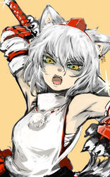  :o animal_ears animal_hands arm_up armpits attack bare_shoulders breasts brown_background claws commentary_request detached_sleeves earrings fangs female ginji_(sakaki_summer) glint hair_between_eyes hat highres inubashiri_momiji jewelry looking_at_viewer open_mouth pom_pom_(clothes) red_pupils sarashi shaded_face short_hair simple_background sleeveless sleeveless_turtleneck small_breasts solo swinging sword tail tokin_hat touhou turtleneck v-shaped_eyebrows weapon white_hair wolf_ears wolf_tail yellow_eyes 