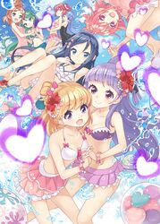  6+girls :d aida_mana aino_megumi asahina_mirai bikini blonde_hair blue_eyes blue_hair bracelet braid brown_hair buntan commentary_request crown_braid dokidoki!_precure flipped_hair flower frilled_skirt frills go!_princess_precure hair_flower hair_ornament half_updo happinesscharge_precure! haruno_haruka heart hibiscus highres hishikawa_rikka holding_hands hug hug_from_behind in-franchise_crossover izayoi_liko jewelry kaidou_minami long_hair looking_at_viewer mahou_girls_precure! multiple_girls one_eye_closed open_mouth pink_eyes pink_hair ponytail precure purple_eyes purple_hair sandals shirayuki_hime short_hair skirt smile swimsuit water 