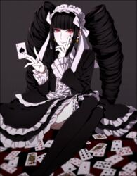  bad_id bad_pixiv_id black_hair black_thighhighs bonnet card celestia_ludenberg commentary_request danganronpa:_trigger_happy_havoc danganronpa_(series) drill_hair female frills gothic_lolita komiya_kuniharu lolita_fashion long_hair necktie playing_card red_eyes smile solo thighhighs twin_drills twintails 