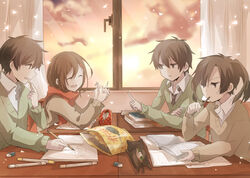  2boys 2girls ^_^ academic_test bad_id bad_pixiv_id bag_of_chips black_eyes black_hair blunt_bangs blunt_ends book book_stack brown_cardigan brown_hair cameo cardigan chips_(food) classroom closed_eyes closed_mouth cloud collared_shirt dark_clouds desk drawing enomoto_takane enpera eraser facing_another facing_to_the_side food from_side glue_stick gradient_sky green_cardigan grey_necktie hair_between_eyes hair_ornament hairclip highres holding holding_food holding_pencil indoors kagerou_project kisaragi_shintarou kokonose_haruka konoha_(kagerou_project) long_hair long_sleeves looking_at_another looking_to_the_side loose_necktie marker mole mole_under_eye multiple_boys multiple_girls necktie notebook open_book open_collar open_mouth orange_sky origami paper_crane parted_lips pencil pencil_case potato_chips reading red_scarf ryukadomatsu scarf scenery school school_desk school_uniform shirt short_hair sketchbook sky smile snack stationery studying tateyama_ayano test_score triangle twintails upper_body white_shirt window yellow_sky 