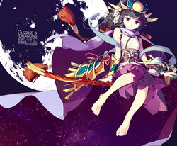  androgynous bare_shoulders barefoot black_hair blunt_bangs commentary_request gender_request haori headpiece highres japanese_clothes katana kimono long_hair photoshop_(medium) ponytail purple_hair puzzle_&amp;_dragons red_eyes sitting sleeveless sleeveless_kimono solo sword tennohi very_long_hair weapon yomi_(p&amp;d) 