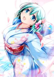  :d aqua_eyes aqua_hair bow breasts commentary_request divine_gate female flower from_above hair_flower hair_ornament hairbow highres japanese_clothes kimono looking_at_viewer looking_up medium_breasts nanaume_(shichimi_tougarashi) obi open_mouth outstretched_arms petals sash short_hair smile solo spread_arms vivian_(divine_gate) yukata 