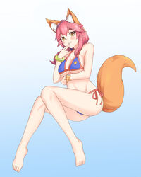  animal_ears barefoot bikini blue_bikini blush breasts commentary_request fate/grand_order fate_(series) female fingers_to_mouth fox_ears fox_tail gradient_background highres invisible_chair large_breasts legs long_hair looking_at_viewer muji_(majunduo) naughty_face parted_lips pink_hair side-tie_bikini_bottom sitting smile solo swimsuit tail tamamo_(fate) tamamo_no_mae_(swimsuit_lancer)_(fate) underboob yellow_eyes 