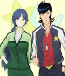  1boy aqusesu black_hair blue_hair commentary crossover dandy_(space_dandy) female hands_in_pockets highres jacket letterman_jacket long_hair smile space_dandy star_(symbol) thumbs_up toaru_majutsu_no_index track_jacket track_suit yomikawa_aiho 