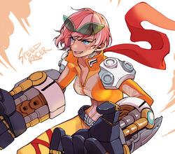  2gold alternate_costume alternate_hairstyle blue_eyes bodysuit commentary earrings english_commentary eyewear_on_head female grin jewelry league_of_legends long_sleeves mechanical_arms orange_bodysuit pink_hair short_hair single_mechanical_arm smile solo sunglasses vi_(league_of_legends) 