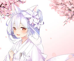  :d animal_ear_fluff animal_ears azur_lane blurry blurry_background blush bow branch brown_eyes cat_ears cherry_blossoms commentary_request depth_of_field female fingernails flower flower_knot folded_fan folding_fan gradient_background grey_hair hair_between_eyes hair_bun hair_flower hair_ornament hand_fan hand_up japanese_clothes kimono long_hair long_sleeves looking_at_viewer oerba_yun_fang official_alternate_costume open_mouth petals pink_background pink_flower shiruko_(27anko) single_hair_bun single_side_bun smile solo upper_body white_background white_flower white_kimono yukikaze_(azur_lane) yukikaze_(the_warmth_of_spring)_(azur_lane) 