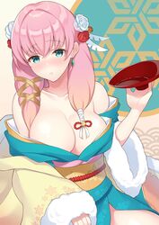  blue_eyes blush breasts cleavage commentary_request cup earrings female fire_emblem fire_emblem_heroes flower fur_trim gunnthra_(fire_emblem) gunnthra_(new_year)_(fire_emblem) hair_flower hair_ornament highres japanese_clothes jewelry kimono large_breasts long_hair obi parted_lips pink_hair sakazuki sash shiyo_yoyoyo solo 