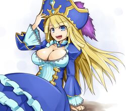  awilda_(p&amp;d) blonde_hair blue_dress blue_eyes breasts cleavage commentary_request dress female hat large_breasts long_hair memento_vivi open_mouth pirate_hat puzzle_&amp;_dragons smile solo 