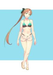  akigumo_(kancolle) alternate_costume bikini bikini_under_clothes black_ribbon blue_background brown_hair collarbone crossed_legs female full_body green_eyes grin hair_ribbon highres kantai_collection long_hair looking_at_viewer mole mole_under_eye multicolored_bikini multicolored_clothes navel ninja_toes ponytail ribbon sandals shorts simple_background smile solo standing striped_bikini striped_clothes swimsuit two-tone_background white_background yuuji_(and) 