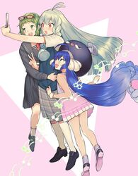  3girls ahoge animal_hat antenna_hair bad_id bad_twitter_id blue_eyes blue_hair braid cellphone eel_hat eyewear_on_head glasses green_eyes green_hair grey_hair gumi hat inactive_account kotobuki_(medetai) long_hair low-braided_long_hair low-tied_long_hair lumi_(vocaloid) mary_janes multiple_girls otomachi_una otomachi_una_(talkex) phone pink_background red-framed_eyewear red_eyes school_uniform selfie serafuku shoes smartphone smile taking_picture twintails v vocaloid 