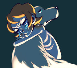  blue_eyes canine commentary_request crying crying_with_eyes_open female hug nappooz nude orange_hair peacock_(skullgirls) ribs sad short_hair skullgirls solo tears 