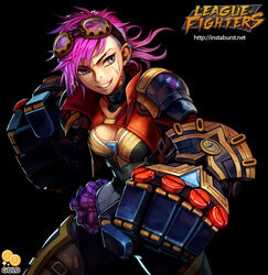  2gold armor black_background blue_eyes breasts cleavage commentary earrings english_commentary female fighting_stance goggles goggles_on_head grin jewelry large_breasts league_of_legends mechanical_arms pink_hair single_mechanical_arm smile solo vi_(league_of_legends) 