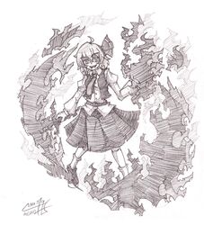  :d absurdres belt commentary_request female graphite_(medium) greyscale hair_ribbon highres looking_at_viewer monochrome necktie open_mouth photoshop_(medium) ribbon rumia shirt shoes short_hair signature skirt smile socks sogin solo touhou traditional_media vest 