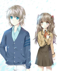  1boy bad_id bad_pixiv_id blue_eyes brown_eyes brown_hair female highres hisanuma_sayu isaki_kaname long_hair mihama_junior_high_school_uniform morizono_shiki nagi_no_asukara school_uniform short_hair sweater two_side_up 