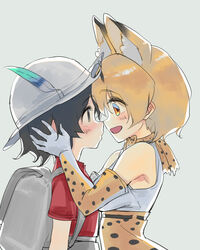  2girls animal_ears backpack bag bare_shoulders belt blush chinese_commentary commentary elbow_gloves eye_contact face-to-face fur_collar gloves grey_background hands_on_another&#039;s_head hat hat_feather helmet high-waist_skirt highres kaban_(kemono_friends) kemono_friends looking_at_another multiple_girls noses_touching orange_eyes pith_helmet red_shirt redauto serval_(kemono_friends) serval_print shirt short_hair skirt sleeveless upper_body yuri 