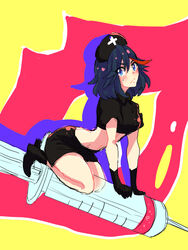  ankle_boots black_gloves black_hair black_shorts blue_eyes blush boots commentary_request crop_top female gloves hat kill_la_kill large_syringe matoi_ryuuko midriff nurse nurse_cap oversized_object short_hair shorts solo straddling sweatdrop syringe yunkru 