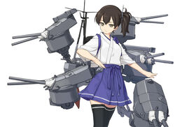  alternate_costume alternate_weapon black_thighhighs brown_hair cannon commentary_request female japanese_clothes kaga_(battleship) kaga_(battleship)_(kancolle) kaga_(kancolle) kantai_collection rokuwata_tomoe short_hair side_ponytail simple_background skirt solo thighhighs turret weapon white_background zettai_ryouiki 