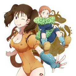  1boy ;q blue_footwear blue_pants blush breasts brown_eyes brown_hair cleavage collarbone commentary diane_(nanatsu_no_taizai) female hair_between_eyes hugging_object king_(nanatsu_no_taizai) leotard long_hair looking_at_viewer looking_to_the_side medium_breasts nanatsu_no_taizai one_eye_closed open_mouth orange_leotard pants photoshop_(medium) pillow pillow_hug purple_eyes short_sleeves simple_background smile tattoo tongue tongue_out toruglose twintails white_background 