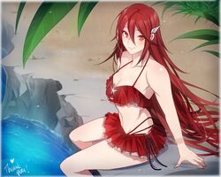  bare_shoulders bikini bikini_skirt blush breasts cleavage commentary cordelia_(fire_emblem) cordelia_(summer)_(fire_emblem) female fire_emblem fire_emblem_awakening fire_emblem_heroes frills hair_ornament highres long_hair looking_at_viewer medium_breasts palm_tree red_bikini red_eyes red_hair sitting smile solo swimsuit symbol-only_commentary thank_you tree tusia very_long_hair water 