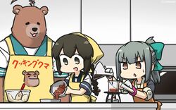  2girls ahoge alcohol_burner animalization apron bandana beaker bear black_eyes black_hair blue_sailor_collar bow bowl braid brown_eyes chocolate chocolate_making commentary_request cooking_papa dated erlenmeyer_flask flask grey_hair hair_between_eyes hairbow hamu_koutarou highres huge_ahoge isonami_(kancolle) kantai_collection kuma_(kancolle) multiple_girls one-hour_drawing_challenge orange_apron parody ponytail sailor_collar school_uniform serafuku short_sleeves sidelocks standing test_tube tripod_(laboratory) twin_braids upper_body yellow_apron yuubari_(kancolle) 