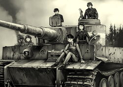  2boys 3girls braid caterpillar_tracks commentary_request garrison_cap glasses hat headset hino_katsuhiko long_hair looking_at_viewer military military_uniform military_vehicle monochrome motor_vehicle multiple_boys multiple_girls on_vehicle original short_hair smile smoke soldier tank tiger_i tree twin_braids twintails uniform war world_war_ii 