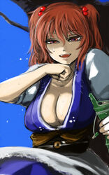  bottle breasts cleavage commentary_request female ginji_(sakaki_summer) hair_bobbles hair_ornament hot large_breasts looking_at_viewer looking_down onozuka_komachi open_mouth puffy_short_sleeves puffy_sleeves red_eyes red_hair short_hair short_sleeves simple_background solo sweat touhou two_side_up water_bottle wiping_face 