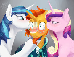  2018 alicorn bisexual blush cape clothing equid equine eyewear facial_hair female friendship_is_magic glasses group group_kissing hasbro hi_res horn kissing male male/female male/male mammal my_little_pony mythological_creature mythological_equine mythology princess_cadance_(mlp) shining_armor_(mlp) silfoe story story_in_description sunburst_(mlp) unicorn wings 