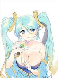  blue_eyes blue_hair breasts cleavage dakun dress female large_breasts league_of_legends smile solo sona_buvelle twintails ward 