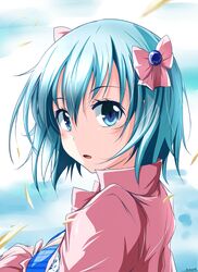  :o aqua_hair blue_eyes bow breasts cleavage close-up commentary_request divine_gate female from_side hairbow long_sleeves looking_at_viewer medium_breasts nanaume_(shichimi_tougarashi) open_mouth pink_bow short_hair solo vivian_(divine_gate) wind 