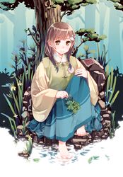  bad_id bad_pixiv_id barefoot braid brown_eyes brown_hair female hair_ornament hair_over_shoulder hairclip highres japanese_clothes long_hair mole mole_under_eye original pvmivs sitting skirt smile soaking_feet solo tree twin_braids water 