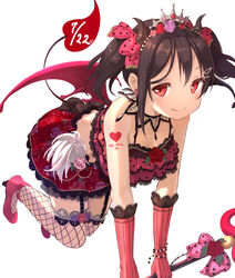  black_hair bow commentary_request demon_tail demon_wings female fishnet_thighhighs fishnets gloves hairbow high_heels long_hair love_live! love_live!_school_idol_project midriff pachi_(sugiyama0306) red_eyes red_skirt simple_background skirt solo staff tail thighhighs tiara twintails wings yazawa_nico zettai_ryouiki 