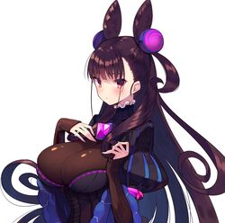  black_dress blush breasts brown_hair closed_mouth commentary_request cone_hair_bun double_bun dress fate/grand_order fate_(series) female frilled_shirt_collar frills hair_between_eyes hair_bun hair_ornament highres large_breasts long_hair looking_at_viewer murasaki_shikibu_(fate) murasaki_shikibu_(kimi_no_tame_nara_shineru) puffy_sleeves red_eyes simple_background solo usamata very_long_hair 