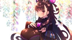  black_dress blush breasts brown_hair closed_mouth commentary_request cone_hair_bun double_bun dress fate/grand_order fate_(series) female flower frilled_shirt_collar frills hair_between_eyes hair_bun hair_ornament highres large_breasts long_hair looking_at_viewer murasaki_shikibu_(fate) murasaki_shikibu_(kimi_no_tame_nara_shineru) pink_flower puffy_sleeves red_eyes simple_background solo sunlight usamata very_long_hair 