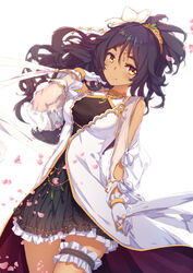  bible_bullet black_skirt blush breasts bridal_garter byakuya_reki chinese_commentary cleavage closed_mouth commentary_request cowboy_shot dress female flower graphite_(medium) hair_flower hair_ornament long_hair looking_at_viewer medium_breasts outstretched_arm ponytail purple_hair sandals sidelocks skirt smile solo thighs traditional_media vishnu_(bible_bullet) wavy_hair white_dress white_flower yellow_eyes 