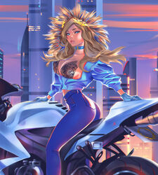  arm_support ass bad_id bad_pixiv_id blonde_hair blue_eyes bra breasts building choker city cleavage collarbone female from_side fur-trimmed_hood fur_trim gloves high-waist_pants hood large_breasts lips long_hair looking_at_viewer looking_to_the_side mercy_(overwatch) motor_vehicle motorcycle on_motorcycle overwatch overwatch_1 pants see-through sky solo straddling tatti_art underwear wind 