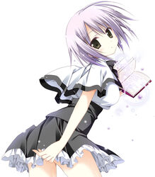  book brown_eyes commentary_request dress female firill_crest from_behind head_tilt holding juuoumujin_no_fafnir korie_riko light_purple_hair looking_back official_art photoshop_(medium) short_hair simple_background solo 