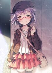  bad_id bad_pixiv_id bag black_thighhighs brown_eyes en@rain female glasses hat idolmaster idolmaster_cinderella_girls jewelry koshimizu_sachiko looking_at_viewer necklace purple_hair red-framed_eyewear short_hair skirt smile solo thighhighs zettai_ryouiki 