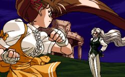  2girls 90s animated animated battle brown_hair duel fight fighting game gloves jyahana_reimi kimura_takahiro long_hair lowres multiple_girls oldschool playstation silver_hair takeuchi_yuka variable_geo very_long_hair waitress wind 