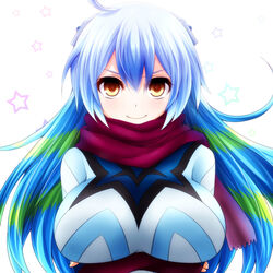  ahoge blue_hair breasts commentary_request crossed_arms female green_hair guts_seijin hair_ornament highres large_breasts long_hair looking_at_viewer multicolored_hair orange_eyes photoshop_(medium) red_scarf scarf smile smug solo star-shaped_pupils star_(symbol) streaked_hair symbol-shaped_pupils ultra_kaijuu_gijinka_keikaku ultra_series ultraseven_(series) upper_body watarui 