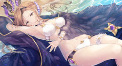  arm_behind_head armpits beach bikini braid brown_hair choker closed_mouth coffee1223 commentary_request female flower frills gathers granblue_fantasy hair_bun hair_flower hair_ornament hairband highres navel official_alternate_costume sand shawl single_hair_bun solo swimsuit thigh_strap tweyen_(eternal&#039;s_summer_vacation)_(granblue_fantasy) tweyen_(granblue_fantasy) water wet white_bikini yellow_eyes 