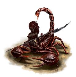  arachnid arachnid_taur arthropod arthropod_taur babylonian_mythology black_body black_skin female girtablilu holding_object holding_weapon melee_weapon middle_eastern_mythology monster_girl_(genre) mythological_arachnid mythological_arthropod mythological_creature mythology nude official_art paizo pathfinder polearm scorpion scorpion_taur simple_background solo stinger taur unknown_artist weapon white_background 