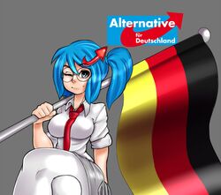  afd-chan blue_eyes blue_hair breasts female flag german_flag glasses grey_background one_eye_closed simple_background 